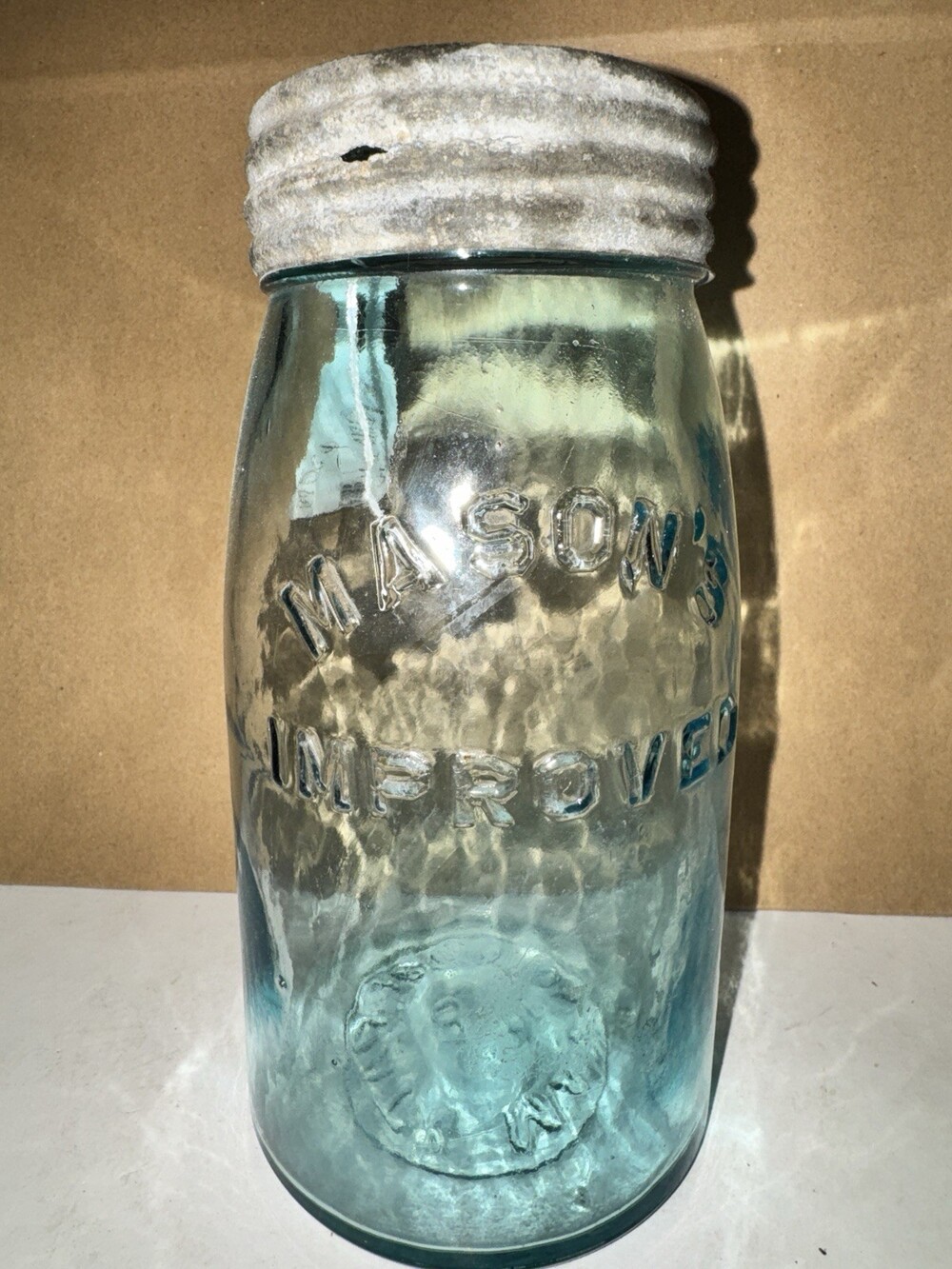 Antique Mason’s Improved Aqua Quart Fruit Jar Zinc Glass Lid Mold #8